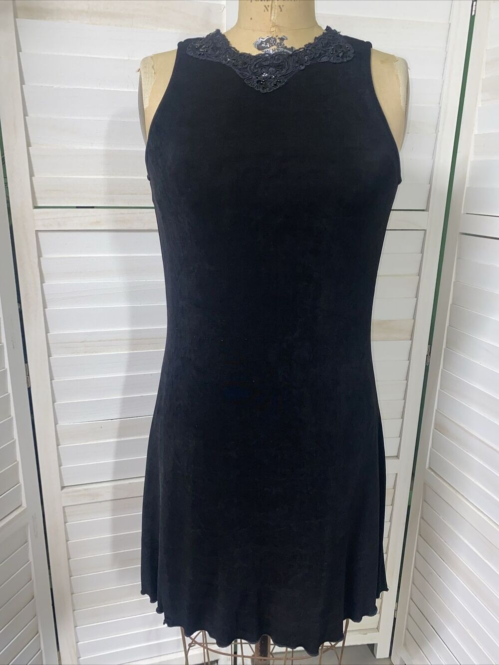 Vintage 90s Strictly Swift Black Poly Knit Dress Brocade Sequin Collar Medium